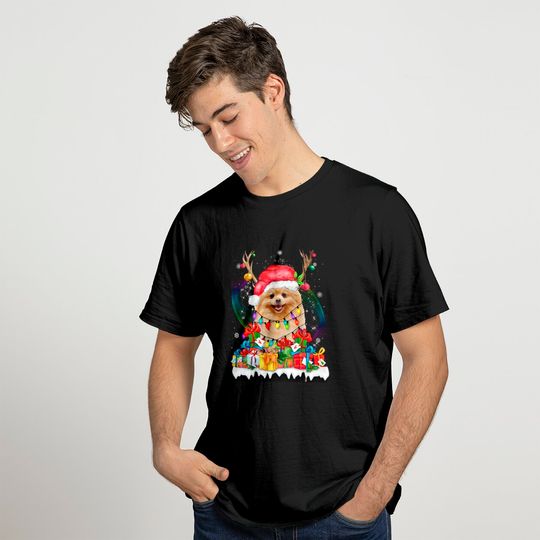 Pomeranian Santa Hat Reindeer Christmas Lights Pajamas T-Shirt