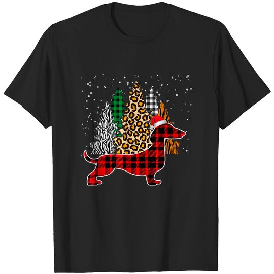 Dachshund Christmas Dog Leopard Zebra Red Buffalo Plaid Tree T-Shirt
