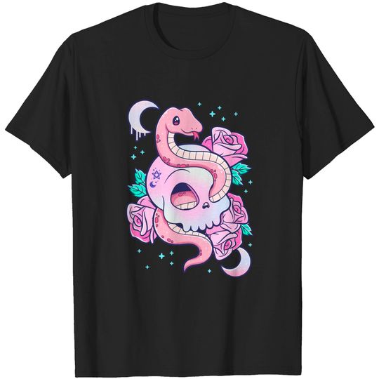 Kawaii Pastel Goth Creepy Skull Serpent Snake Roses T Shirt